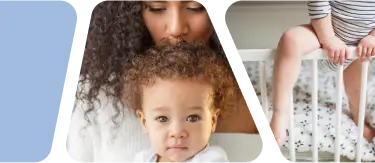 Image 1: mom kissing baby image 2: toddler climbing out of crib