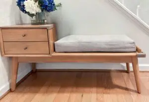 Modern bench with cushion and drawers and corner cushions