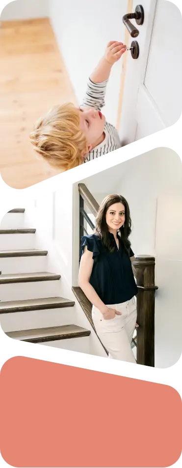 Image 1: little boy trying to open door. Image 2: alisa, a professional baby proofing service expert standing next to stairs in a home that she is making safe